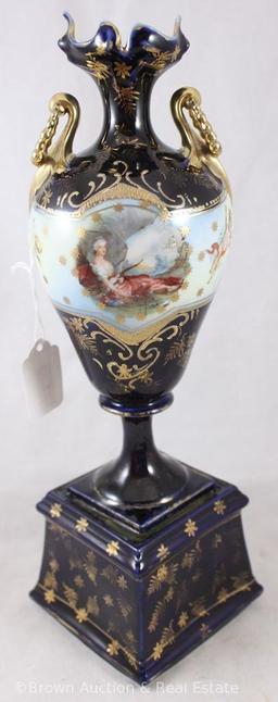 R.S. Prussia 13"h cobalt trophy vase featuring Diana the Huntress and Flora portrait with cherubs,