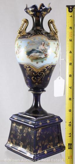 R.S. Prussia 13"h cobalt trophy vase featuring Diana the Huntress and Flora portrait with cherubs,