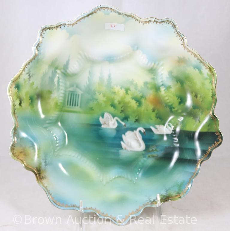 R.S. Prussia Mold 341 berry set, Swans with Gazebo scenic d?cor on green and blue: 10.5"d master and