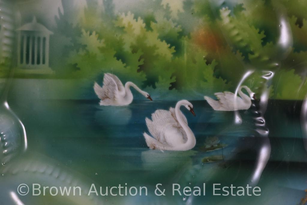 R.S. Prussia Mold 341 berry set, Swans with Gazebo scenic d?cor on green and blue: 10.5"d master and