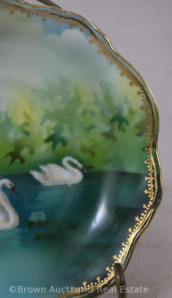 R.S. Prussia Mold 341 berry set, Swans with Gazebo scenic d?cor on green and blue: 10.5"d master and