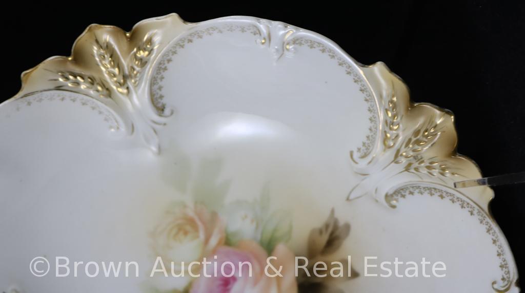 R.S. Prussia "Wheat Fleur-de-lys" Mold 24 bowl, 10"d, large roses d?cor on white with goldish finish