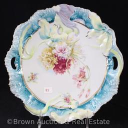 R.S. Prussia Hidden Image 9.25"d cake plate, multi-colored flowers, nice blue border finish with