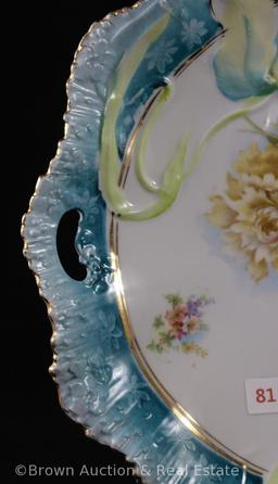 R.S. Prussia Hidden Image 9.25"d cake plate, multi-colored flowers, nice blue border finish with