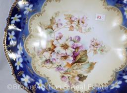 R.S. Prussia Mold 343 cobalt bowl, 10.25"d, floral d?cor with lots of gold trim, circle mold mark