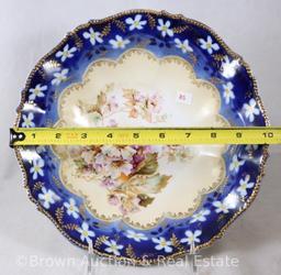 R.S. Prussia Mold 343 cobalt bowl, 10.25"d, floral d?cor with lots of gold trim, circle mold mark