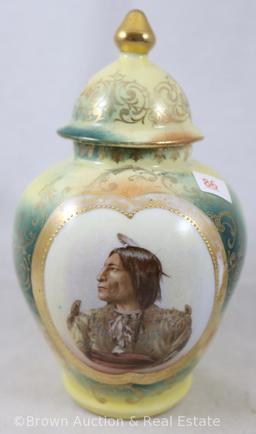 Mrkd. E.S. Germany 7.5"h covered urn, Indian portrait/Leaf Hand Bear, gold stencilling
