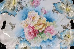 R.S. Prussia Carnation Mold 28 cake plate, 11"d, multi-colored roses and white daisies, nice blue