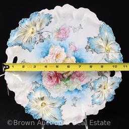 R.S. Prussia Carnation Mold 28 cake plate, 11"d, multi-colored roses and white daisies, nice blue