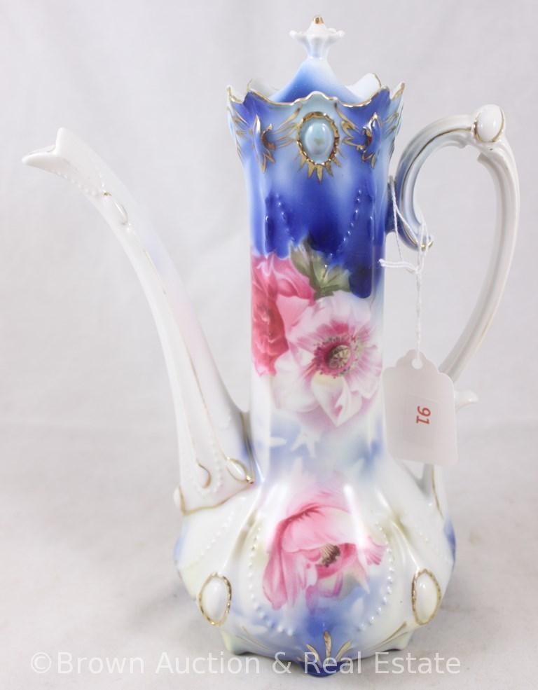 R.S. Prussia Ribbon and Jewel Mold 645 demi-tasse pot, 9.25"h, (4) cups/saucers, pink flowers on