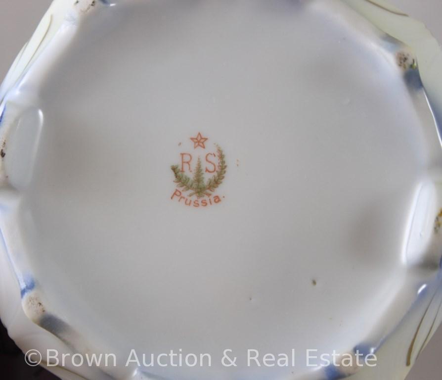 R.S. Prussia Ribbon and Jewel Mold 645 demi-tasse pot, 9.25"h, (4) cups/saucers, pink flowers on