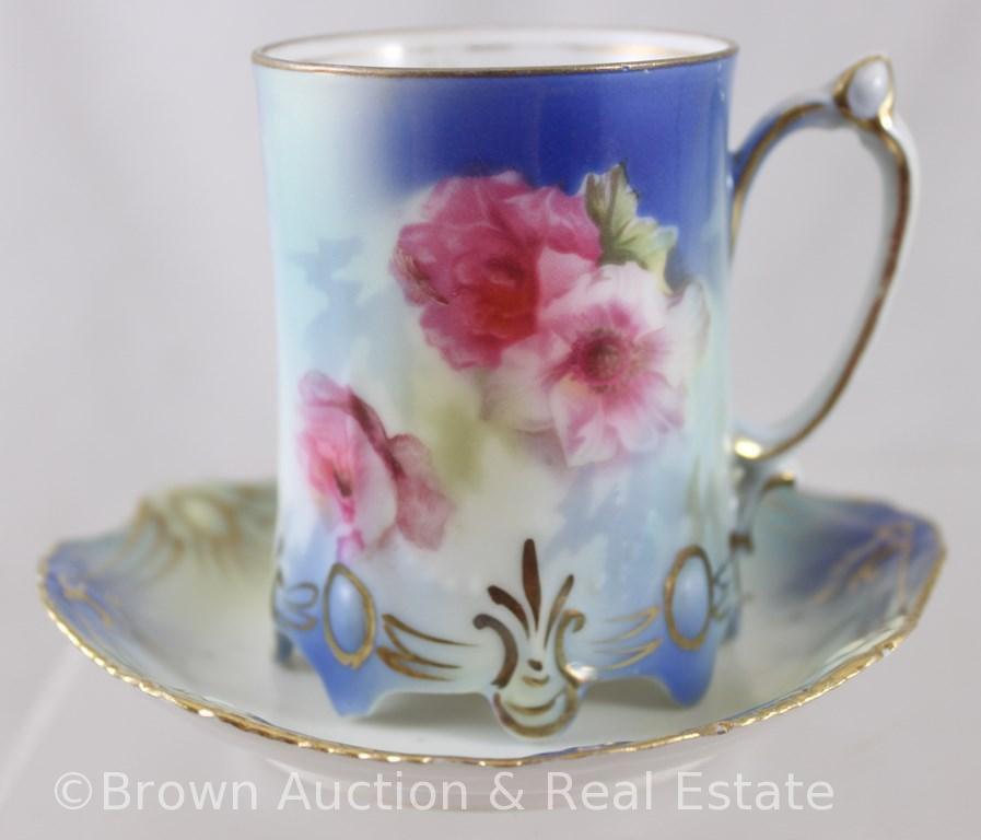 R.S. Prussia Ribbon and Jewel Mold 645 demi-tasse pot, 9.25"h, (4) cups/saucers, pink flowers on