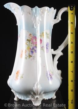 Unm. RSP 10.25"h tankard, mixed flowers on white with pastel blue shading