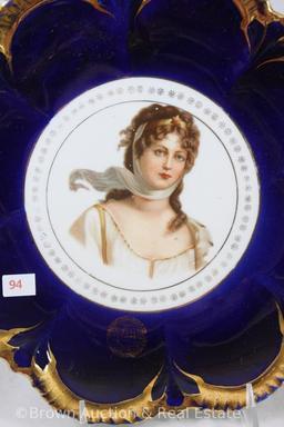 Cobalt Queen Louise portrait Empire China 10.75"d plate, gold trimmed border