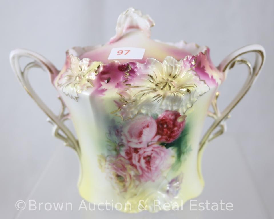 R.S. Prussia Carnation Mold 526 4.5"h creamer and cov. sugar, pink poppies with nice rose finish at