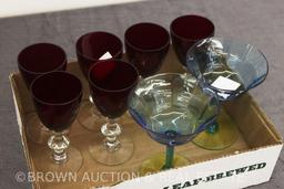 (6) Morgantown Radiant red/clear clarets and (2) Tiffin Wide Optic blue/gold champagne glasses