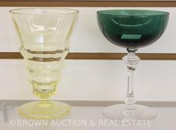 (4) Tiffin Killarney green/clear champagne glasses and (2) miscl. yellow depression goblets