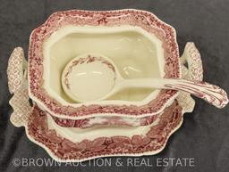 Mason's Vista Transferware gravy tureen w/lid, underplate and ladle, red