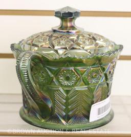 Carnival Glass biscuit/cracker jar, green