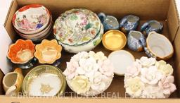 Box lots of assorted pieces incl. salt dips, Oriental dresser box, etc.