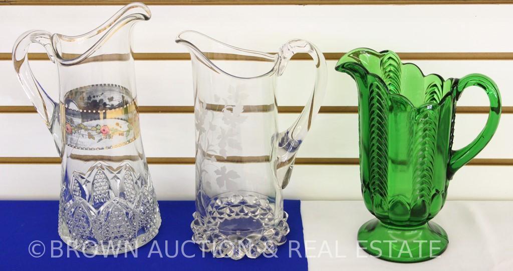 (3) Tankard pitchers: 1-Green EAPG; 2-Clear