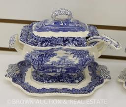 (2) Mason's Vista Transferware gravy tureen w/lid, underplate and ladle, blue