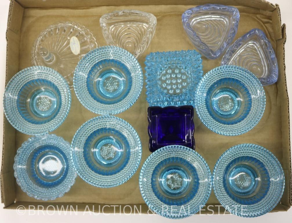 Box lot of salt dips, blue and cobalt + Fostoria ring holder