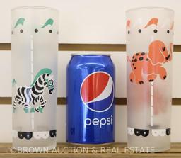 (5) Tall drinking glasses with animal scenes