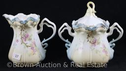 R.S. Prussia Mold 502 creamer and sugar w/lid, dainty pink roses on cream and lt. blue body, gold