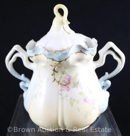 R.S. Prussia Mold 502 creamer and sugar w/lid, dainty pink roses on cream and lt. blue body, gold