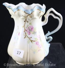 R.S. Prussia Mold 502 creamer and sugar w/lid, dainty pink roses on cream and lt. blue body, gold