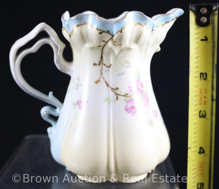 R.S. Prussia Mold 502 creamer and sugar w/lid, dainty pink roses on cream and lt. blue body, gold