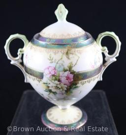 R.S. Prussia Mold 601 creamer and sugar w/lid, pink and white flowers on white, nice Tiffany finish