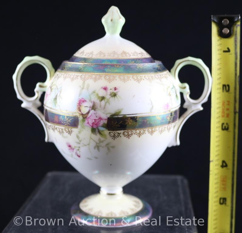 R.S. Prussia Mold 601 creamer and sugar w/lid, pink and white flowers on white, nice Tiffany finish