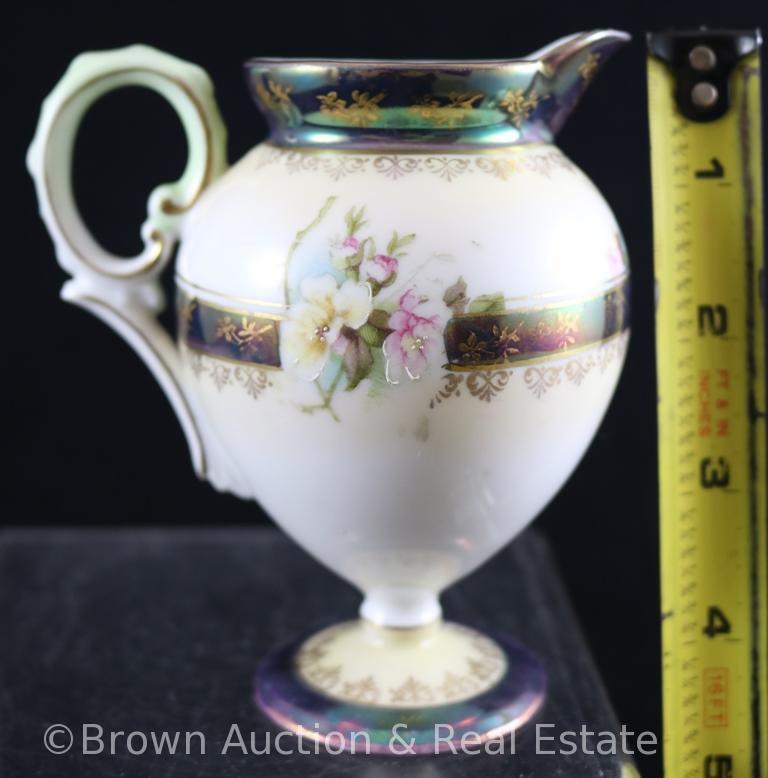 R.S. Prussia Mold 601 creamer and sugar w/lid, pink and white flowers on white, nice Tiffany finish