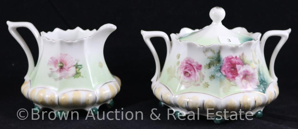 R.S. Pussia Mold 632 creamer and sugar w/lid, pink poppies o white w/green and tan accent colors,