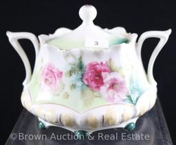 R.S. Pussia Mold 632 creamer and sugar w/lid, pink poppies o white w/green and tan accent colors,