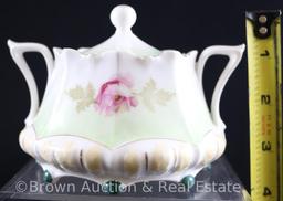 R.S. Pussia Mold 632 creamer and sugar w/lid, pink poppies o white w/green and tan accent colors,