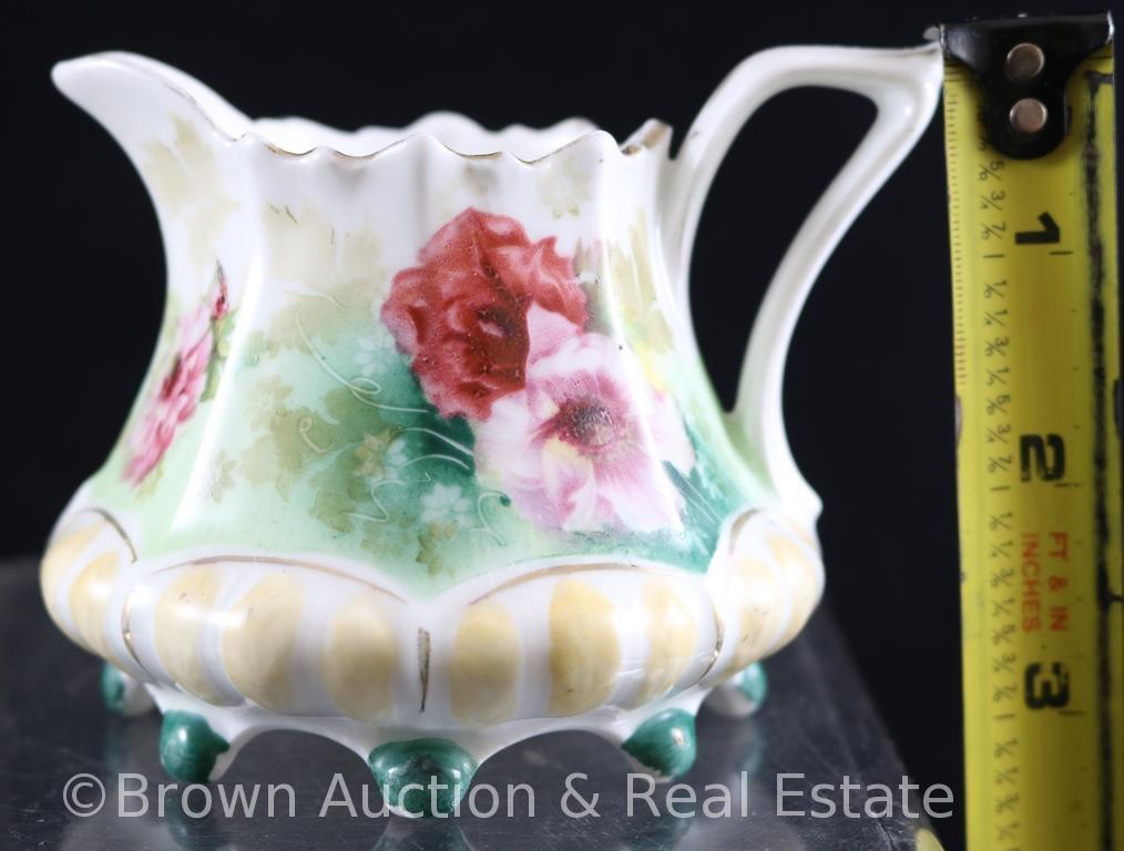 R.S. Pussia Mold 632 creamer and sugar w/lid, pink poppies o white w/green and tan accent colors,