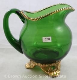 EAPG Colorado Gold Lacy Medallion 7"h pitcher, emerald green w/gold