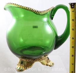 EAPG Colorado Gold Lacy Medallion 7"h pitcher, emerald green w/gold