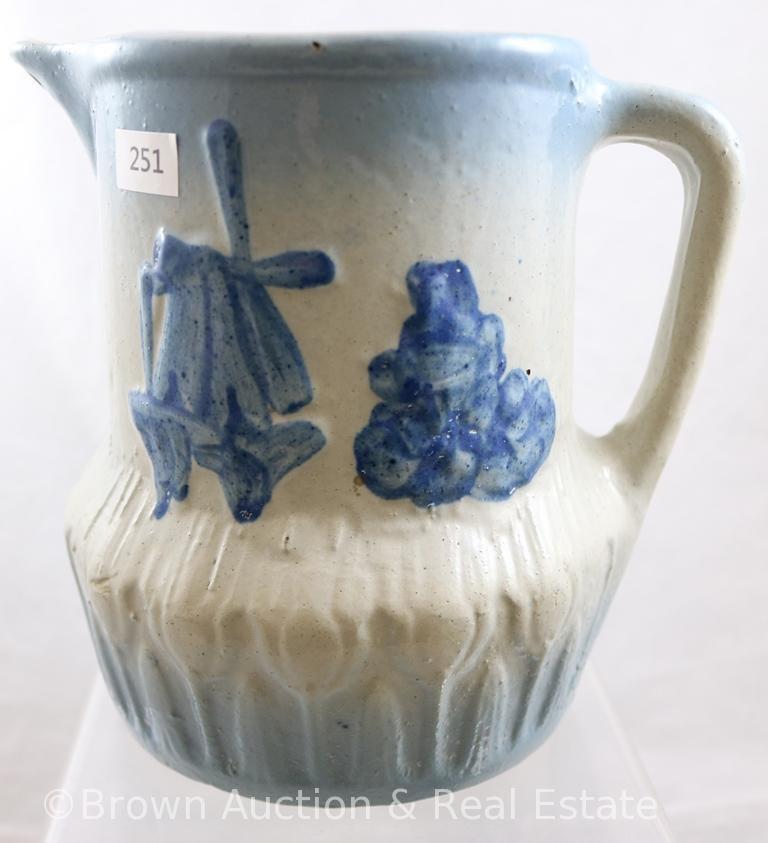 Blue and white Stoneware 7"h pitcher, Windmill and Bush (hairline)