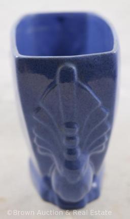 (2) Frankoma rectangular vases: #85, Royal Blue Bird handled 4.75"h vase; 3"h tub-shaped, also in