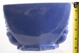 (2) Frankoma rectangular vases: #85, Royal Blue Bird handled 4.75"h vase; 3"h tub-shaped, also in