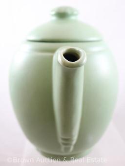 (2) Frankoma pieces: #92 teapot, green; #54 fan shell-shaped vase, blue