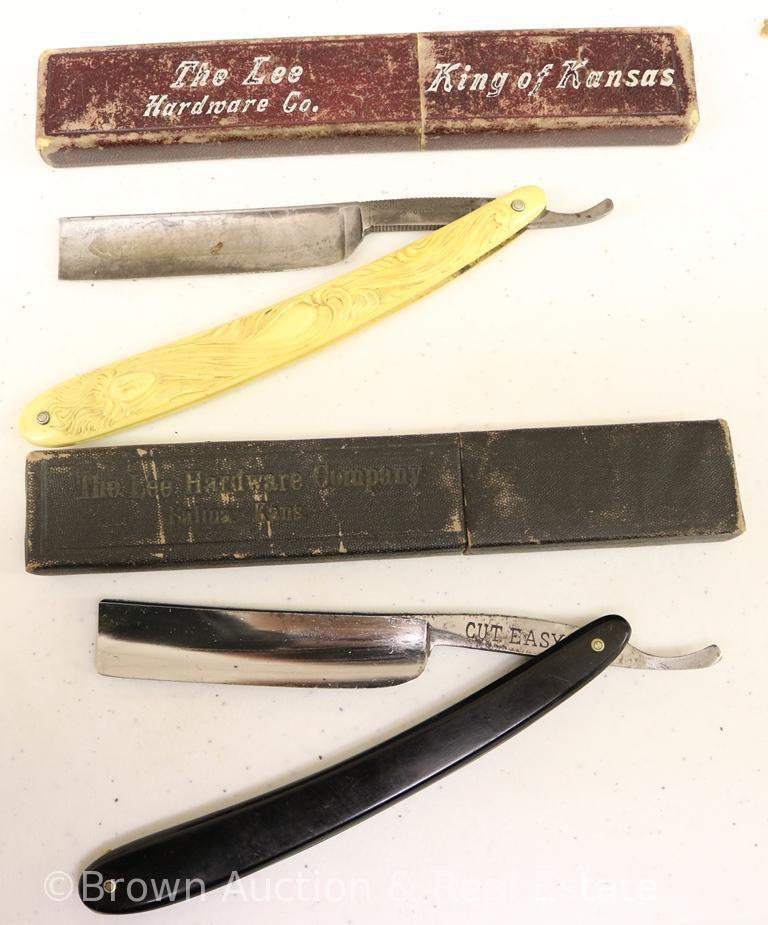 (2) Lee Cutlery/Made in Germany straight edge razors w/original case: 1-celluloid, woman w/long
