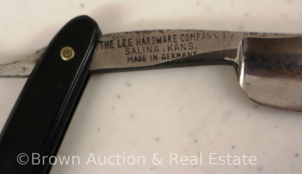 (2) Lee Cutlery/Made in Germany straight edge razors w/original case: 1-celluloid, woman w/long