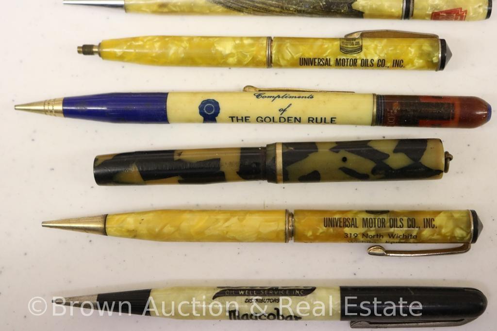 (6) Advertising pencils, mostly mechanicals + Eversharp fountain pen