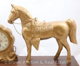 1950's United Brass horse clock, electric, mounted on wood - Works