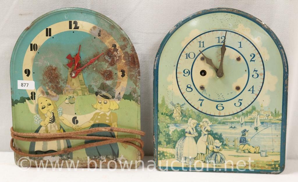 (2) Tin-litho faced kitchen clocks